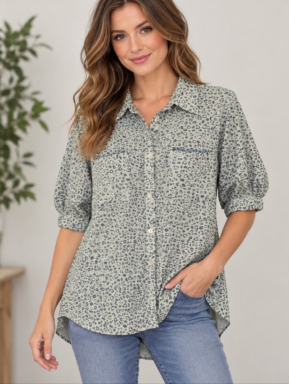 CES FEMME Heart Cheetah Print Babydoll High-Low Button Down Valentine's Shirt